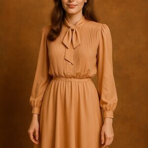 Vintage 70s Peach Secretary Dress Bow Tie Neck Pleated Bodice Cuffs Midi Size 9